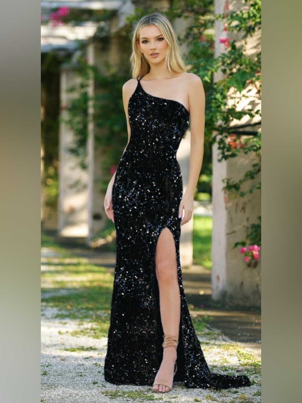 Velvi Asymmetrical One-Shoulder Black Sequin Evening Dress